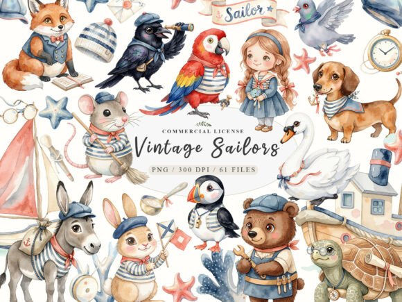 Download Watercolor Cute Vintage Sailor Animals - Animal Collection