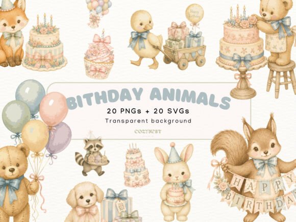 Download Birthday Animals Watercolor Cliparts SVG - Animal Collection