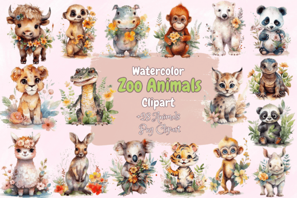 Download Watercolor Zoo Animals Clipart - Animal Collection